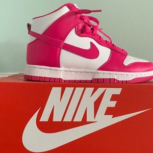 Womens Nike high dunks, white and magenta.